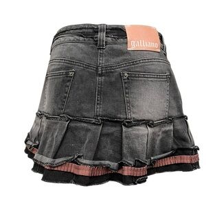 Vintage/vtg/ John Galliano black & pink micro mini denim skirt w/ ruffles. Sz 6